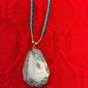 Chic Turquoise and Gold Chunky Long Pendant Necklace